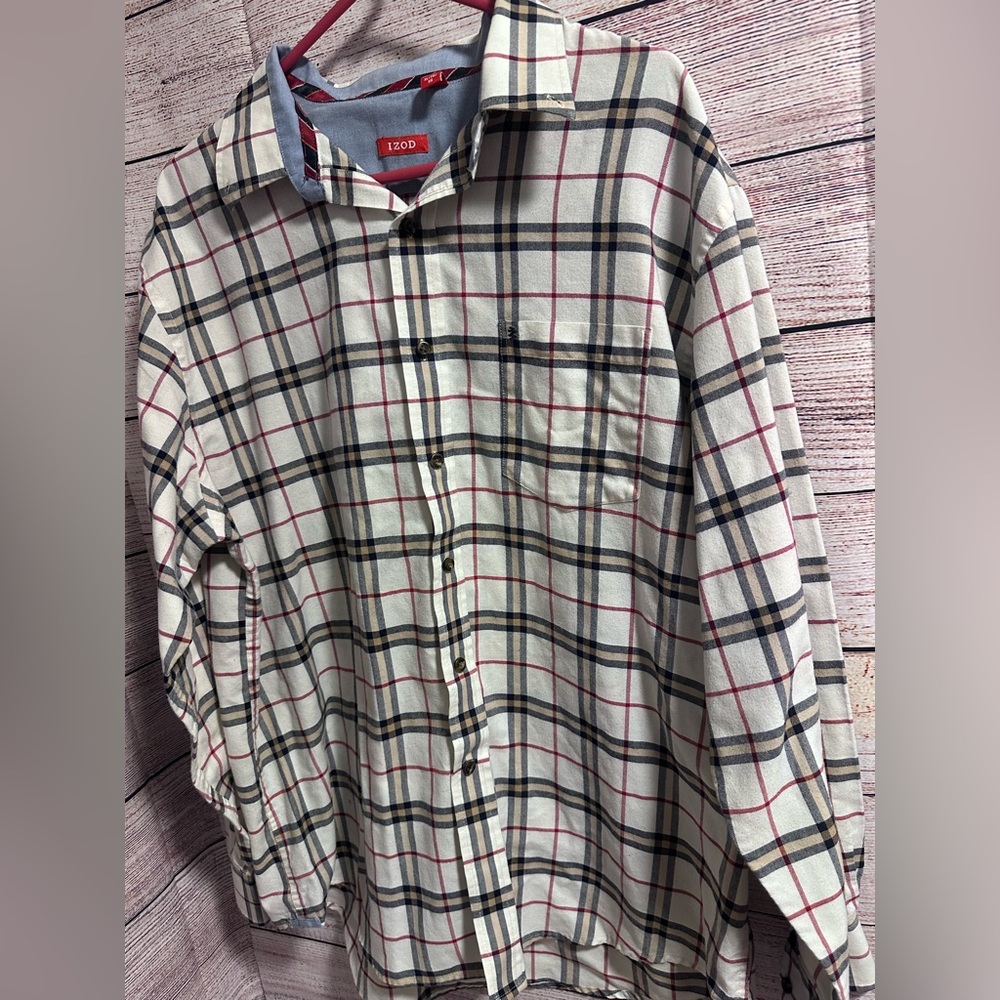 Izod Cream Plaid Button-Down Shirt with Navy and Red Lines
